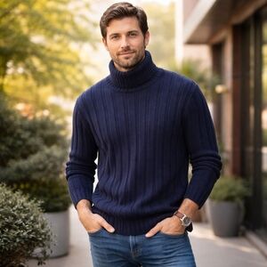 Hugo Boss Men's Navy Turtleneck Heavy-Weight Sweater 100% Virgin Wool Size XXL